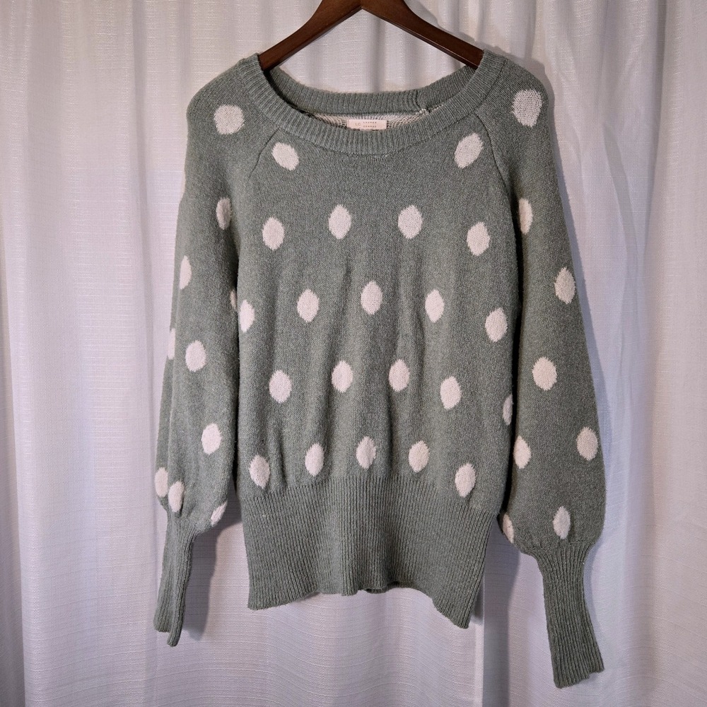 LAUREN‎ CONRAD Polka Dot Sweater Green White Puff Sleeve Women's Small